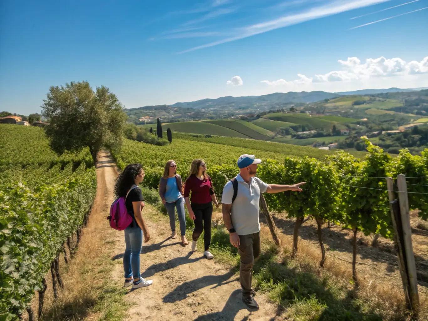 An image of a group of people participating in a vineyard tour, with lush Burgundy vineyards in the background and a knowledgeable guide explaining the terroir.