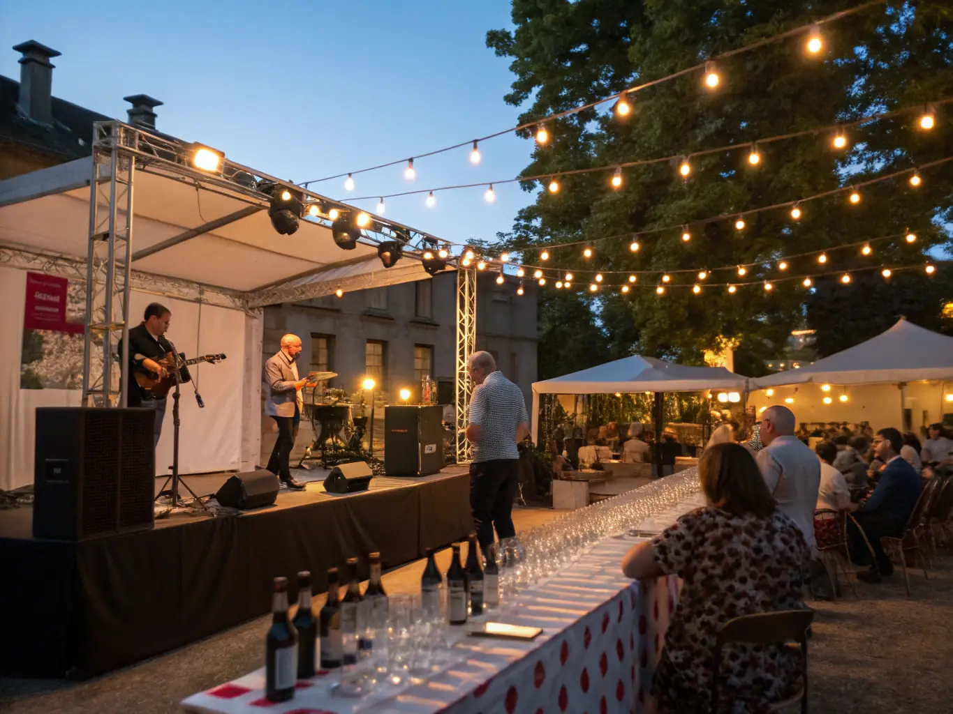 A vibrant image of a community event in Burgundy, featuring local artisans, wine producers, and residents celebrating the region's wine culture with music, food, and wine tasting.
